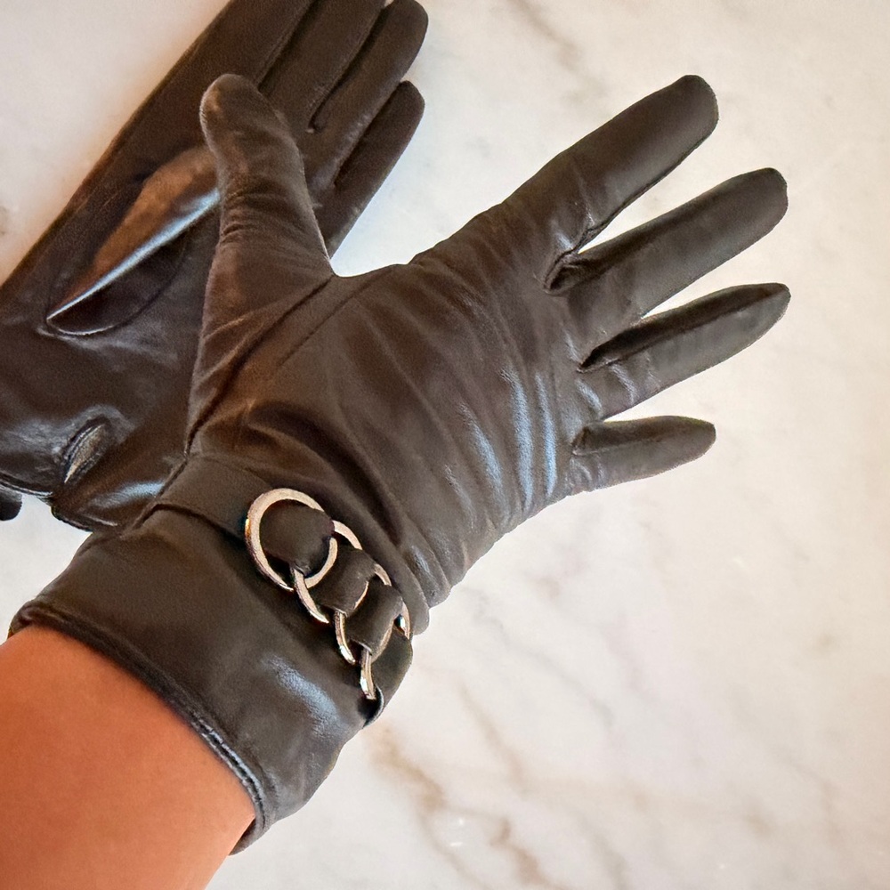 Danier Black Leather Gloves with Chain Accent